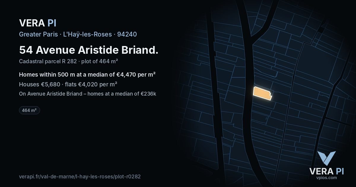 54 Avenue Aristide Briand, L'Haÿ-les-Roses at night – the plot lit, the parcels around coloured by the prices near them