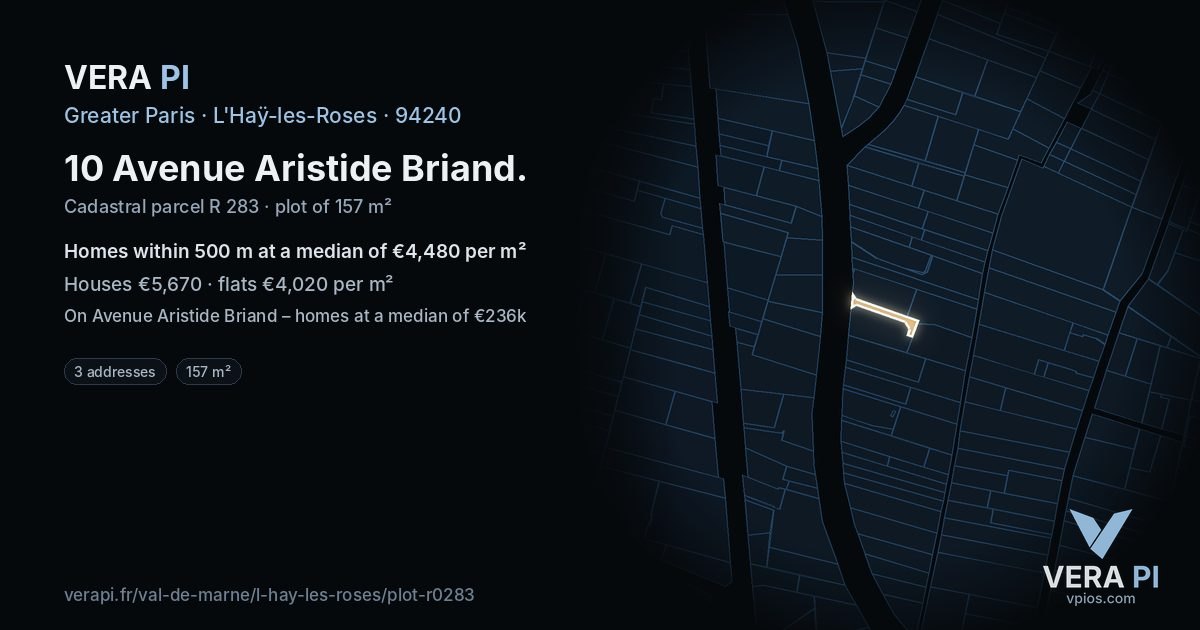 10 Avenue Aristide Briand, L'Haÿ-les-Roses at night – the plot lit, the parcels around coloured by the prices near them