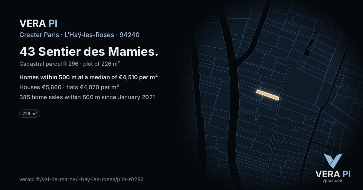 43 Sentier des Mamies, L'Haÿ-les-Roses at night – the plot lit, the parcels around coloured by the prices near them