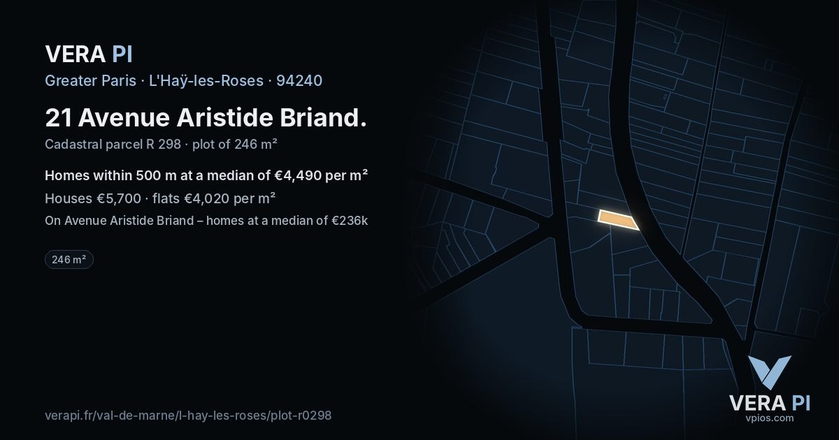 21 Avenue Aristide Briand, L'Haÿ-les-Roses at night – the plot lit, the parcels around coloured by the prices near them