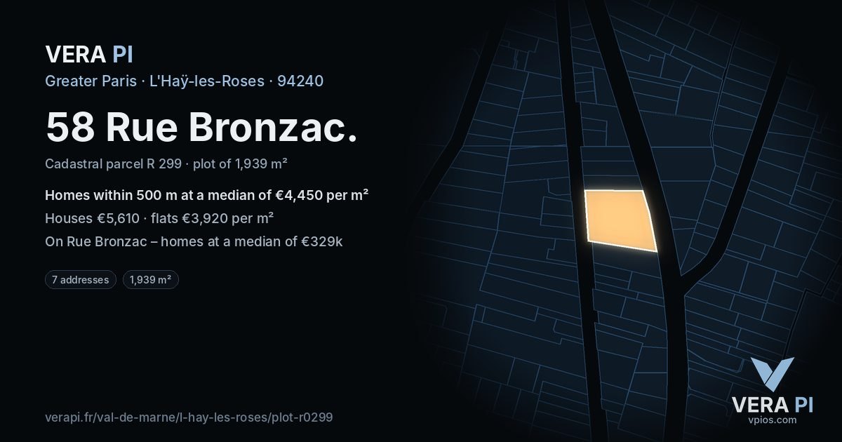 58 Rue Bronzac, L'Haÿ-les-Roses at night – the plot lit, the parcels around coloured by the prices near them