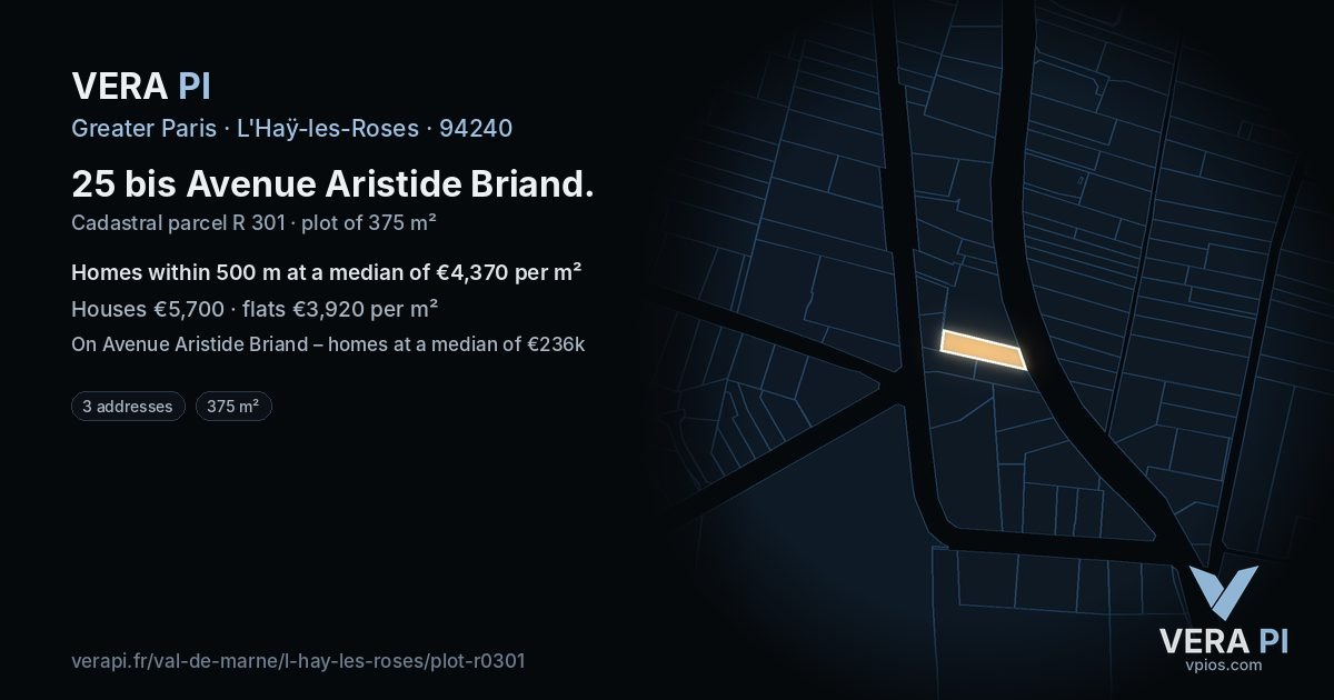 25 bis Avenue Aristide Briand, L'Haÿ-les-Roses at night – the plot lit, the parcels around coloured by the prices near them