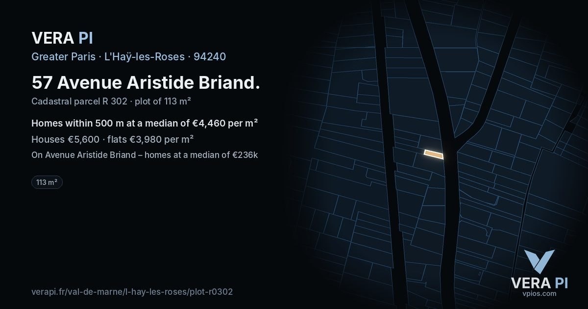 57 Avenue Aristide Briand, L'Haÿ-les-Roses at night – the plot lit, the parcels around coloured by the prices near them