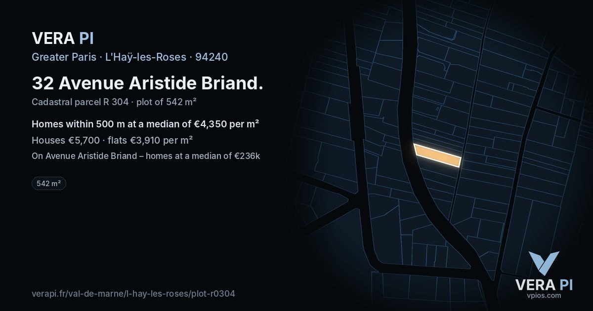 32 Avenue Aristide Briand, L'Haÿ-les-Roses at night – the plot lit, the parcels around coloured by the prices near them