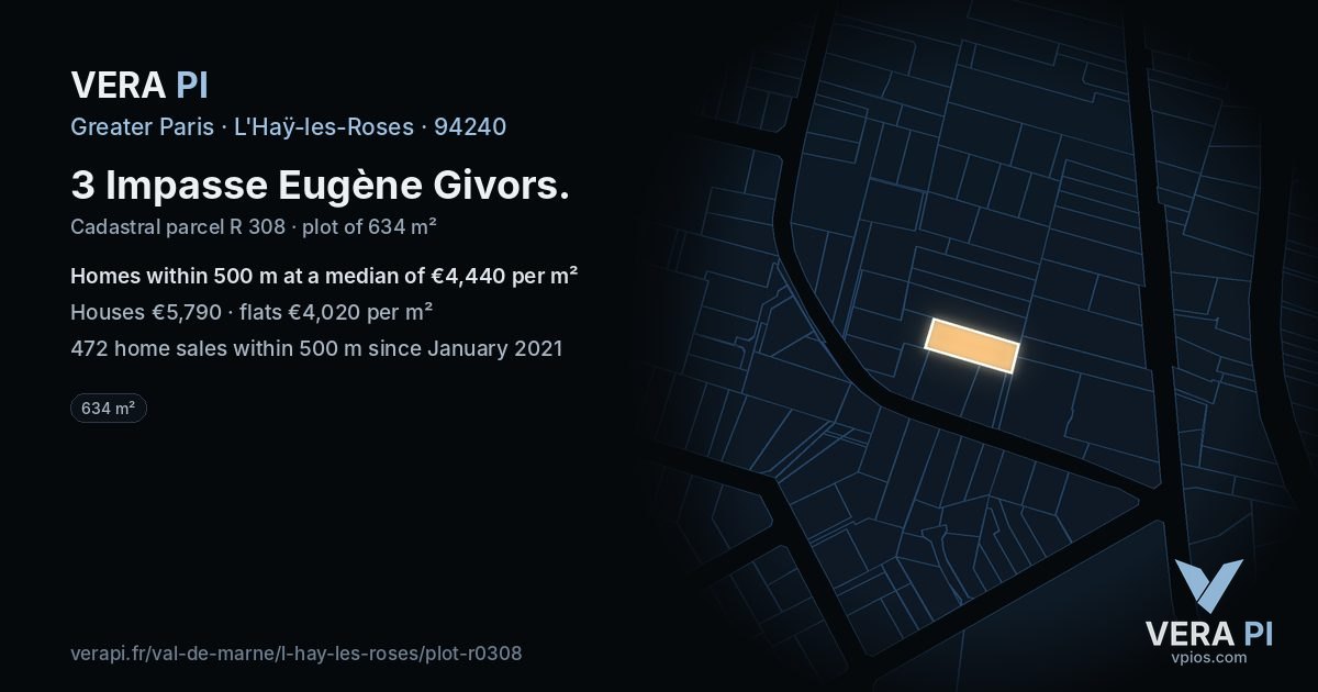 3 Impasse Eugène Givors, L'Haÿ-les-Roses at night – the plot lit, the parcels around coloured by the prices near them