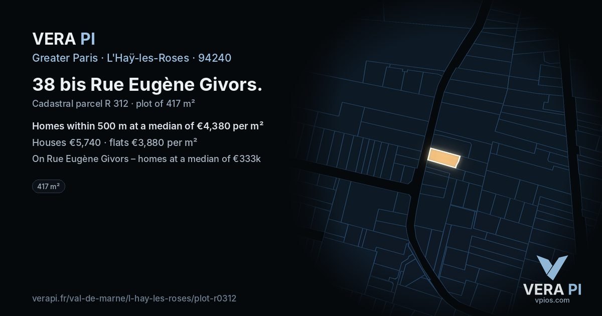 38 bis Rue Eugène Givors, L'Haÿ-les-Roses at night – the plot lit, the parcels around coloured by the prices near them