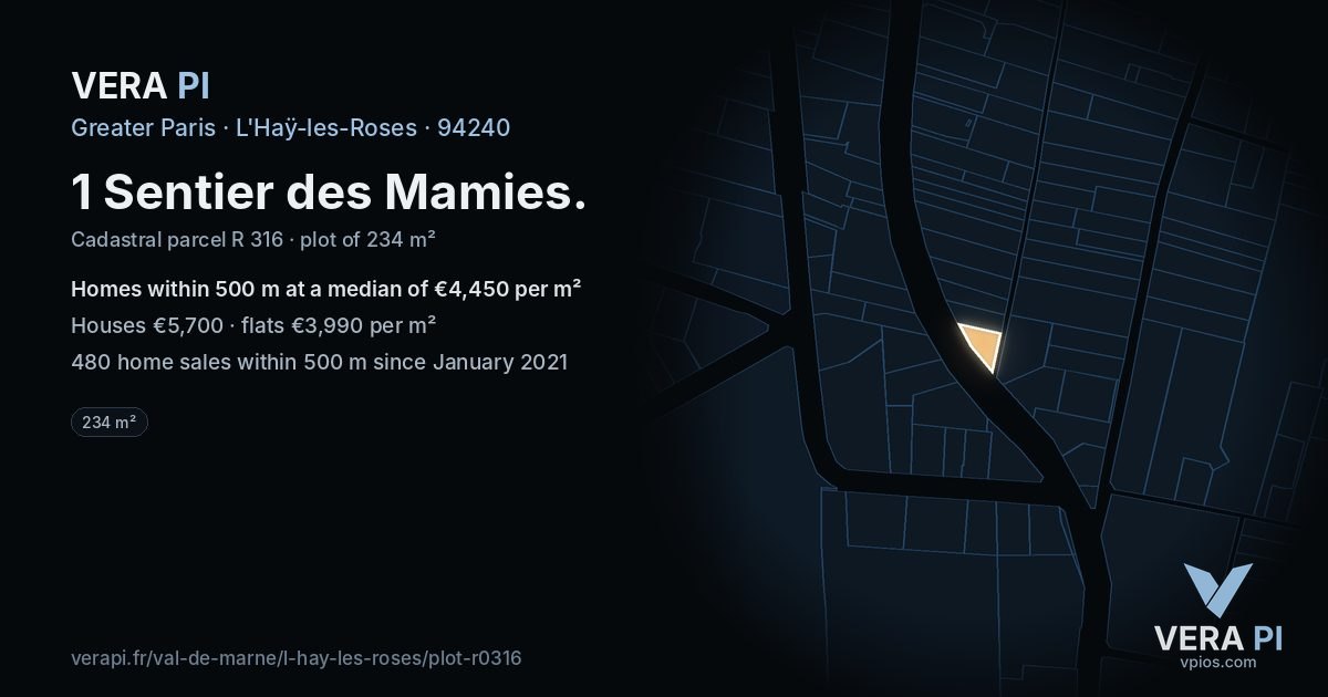 1 Sentier des Mamies, L'Haÿ-les-Roses at night – the plot lit, the parcels around coloured by the prices near them