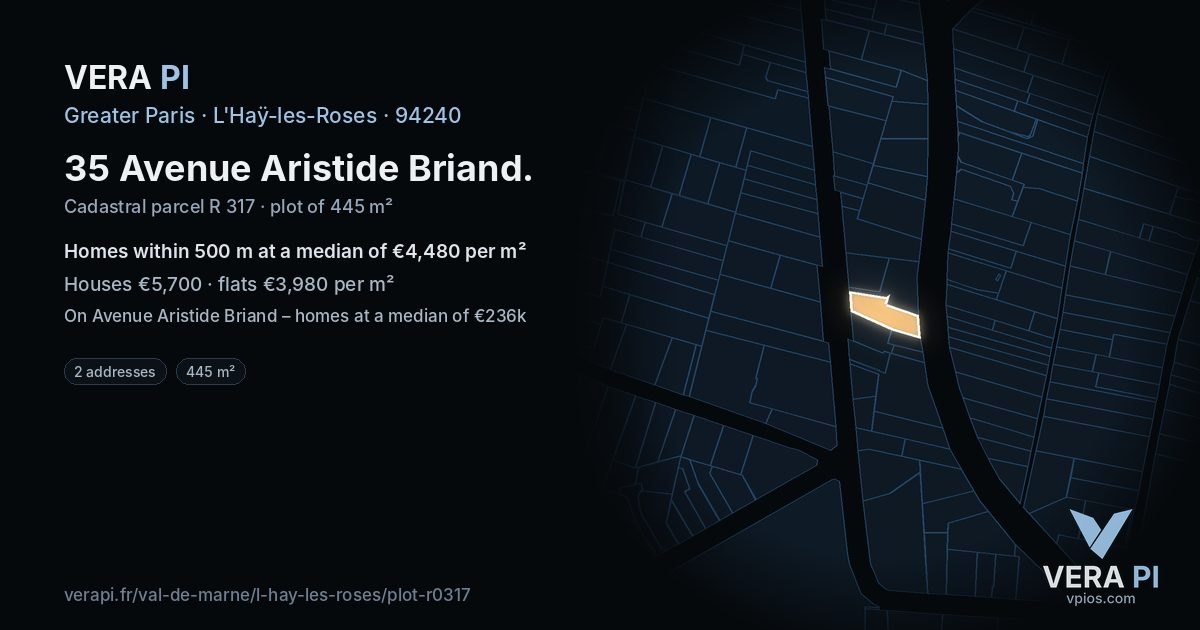 35 Avenue Aristide Briand, L'Haÿ-les-Roses at night – the plot lit, the parcels around coloured by the prices near them