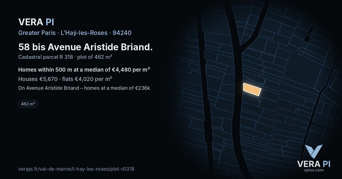 58 bis Avenue Aristide Briand, L'Haÿ-les-Roses at night – the plot lit, the parcels around coloured by the prices near them