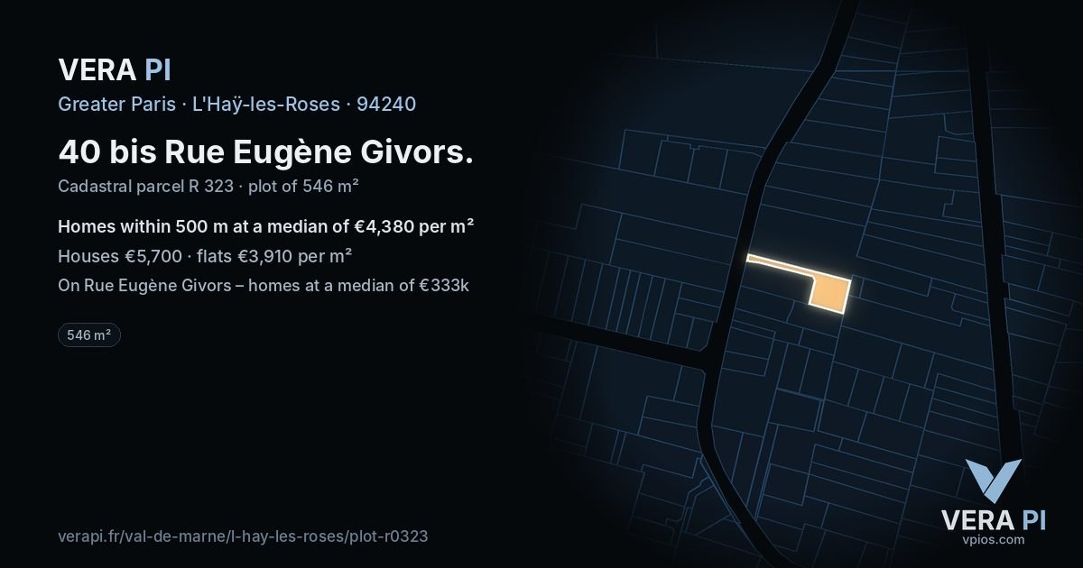40 bis Rue Eugène Givors, L'Haÿ-les-Roses at night – the plot lit, the parcels around coloured by the prices near them
