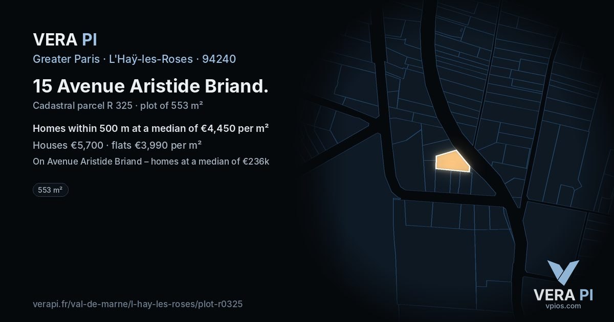 15 Avenue Aristide Briand, L'Haÿ-les-Roses at night – the plot lit, the parcels around coloured by the prices near them