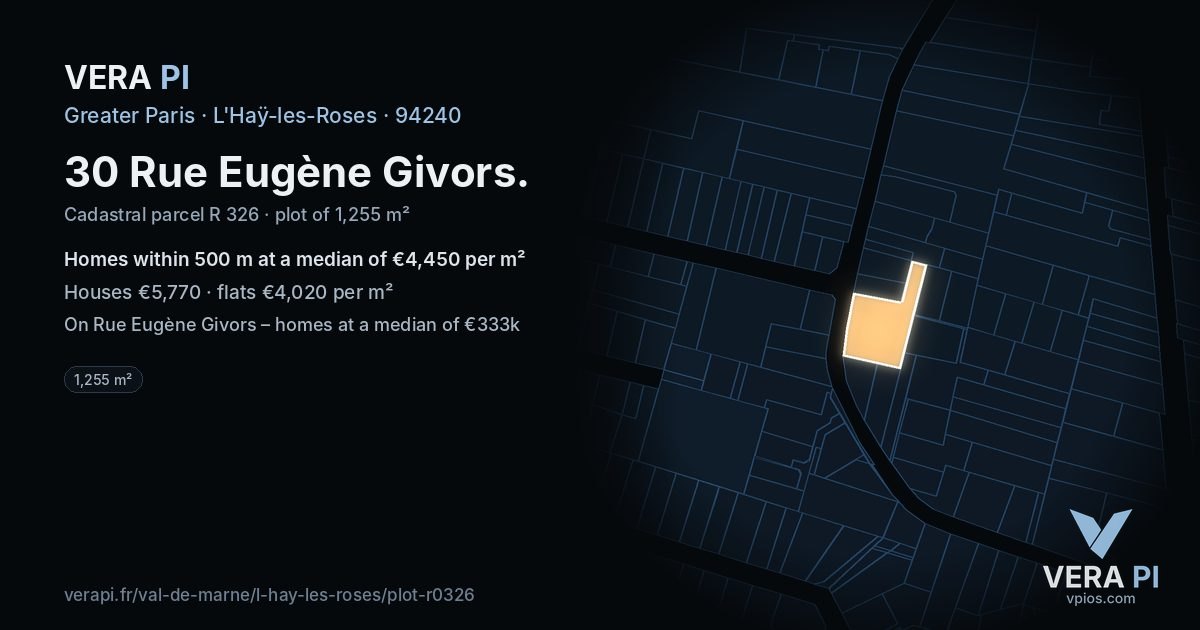 30 Rue Eugène Givors, L'Haÿ-les-Roses at night – the plot lit, the parcels around coloured by the prices near them