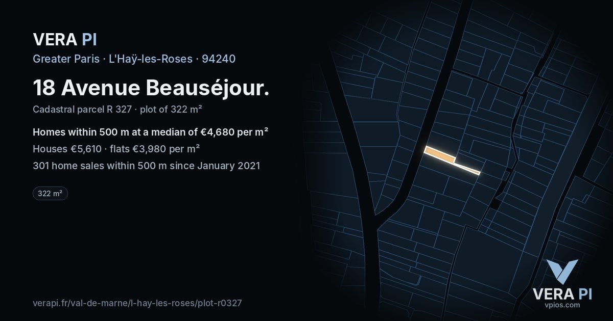 18 Avenue Beauséjour, L'Haÿ-les-Roses at night – the plot lit, the parcels around coloured by the prices near them