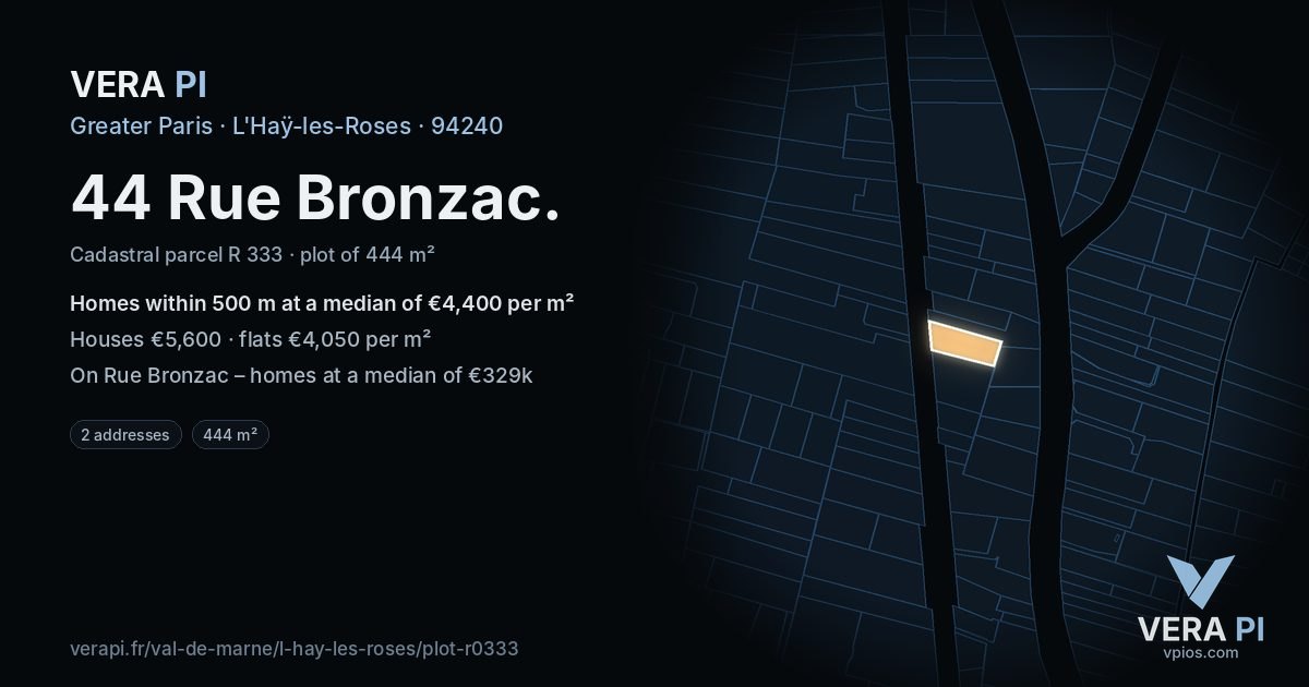 44 Rue Bronzac, L'Haÿ-les-Roses at night – the plot lit, the parcels around coloured by the prices near them