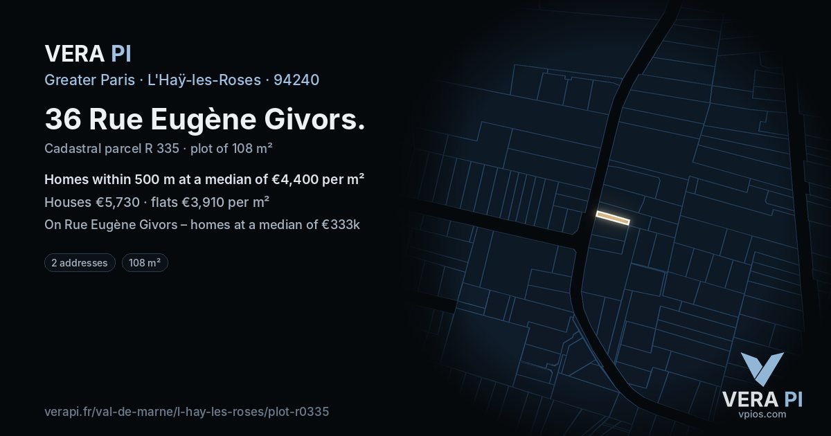 36 Rue Eugène Givors, L'Haÿ-les-Roses at night – the plot lit, the parcels around coloured by the prices near them
