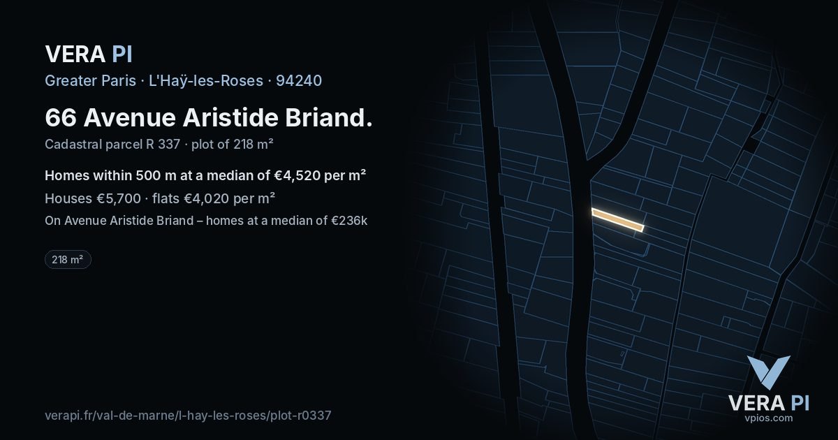 66 Avenue Aristide Briand, L'Haÿ-les-Roses at night – the plot lit, the parcels around coloured by the prices near them