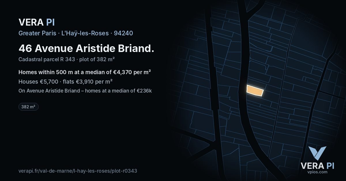 46 Avenue Aristide Briand, L'Haÿ-les-Roses at night – the plot lit, the parcels around coloured by the prices near them