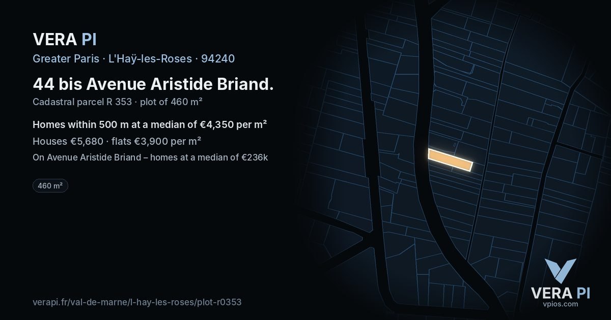 44 bis Avenue Aristide Briand, L'Haÿ-les-Roses at night – the plot lit, the parcels around coloured by the prices near them