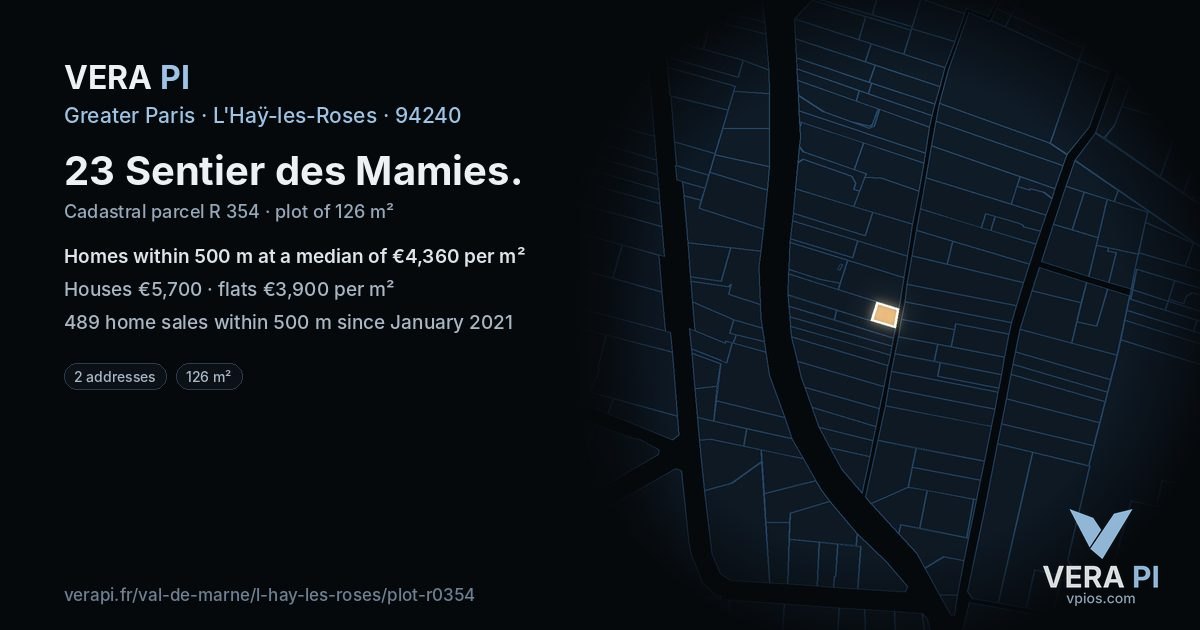 23 Sentier des Mamies, L'Haÿ-les-Roses at night – the plot lit, the parcels around coloured by the prices near them