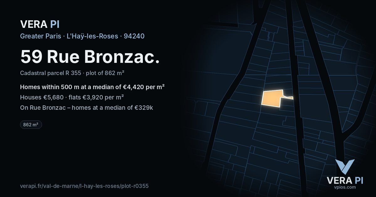 59 Rue Bronzac, L'Haÿ-les-Roses at night – the plot lit, the parcels around coloured by the prices near them