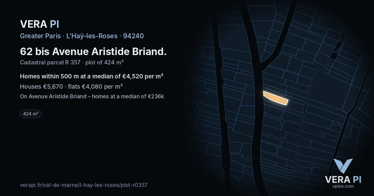 62 bis Avenue Aristide Briand, L'Haÿ-les-Roses at night – the plot lit, the parcels around coloured by the prices near them