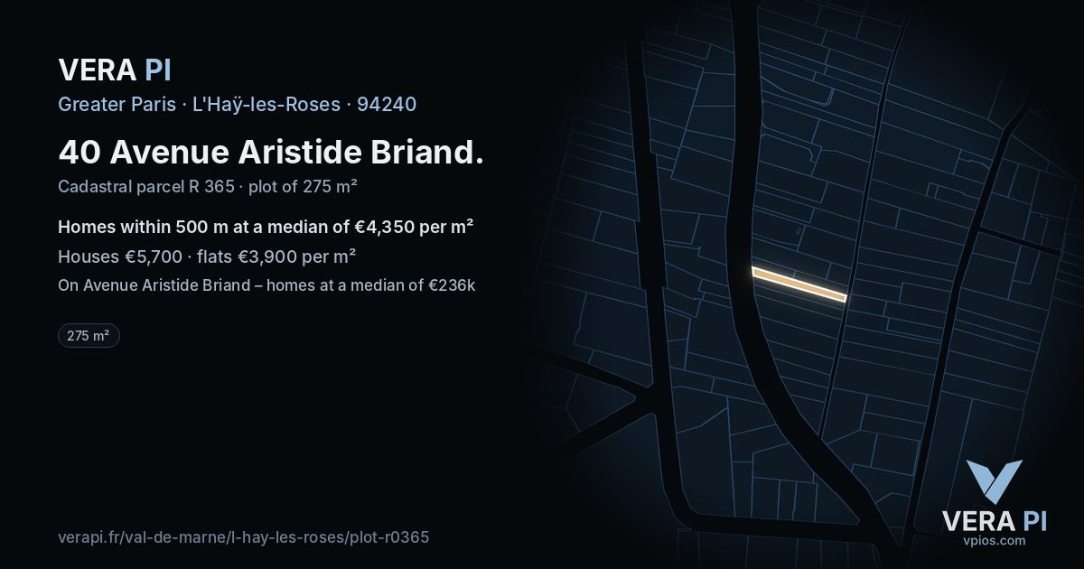 40 Avenue Aristide Briand, L'Haÿ-les-Roses at night – the plot lit, the parcels around coloured by the prices near them