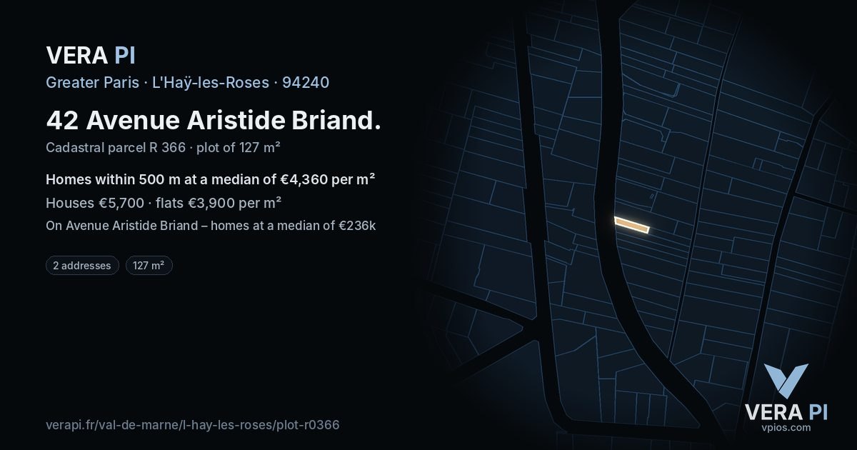 42 Avenue Aristide Briand, L'Haÿ-les-Roses at night – the plot lit, the parcels around coloured by the prices near them