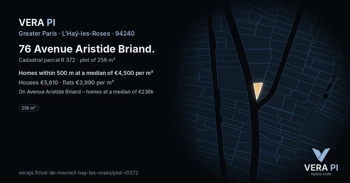 76 Avenue Aristide Briand, L'Haÿ-les-Roses at night – the plot lit, the parcels around coloured by the prices near them