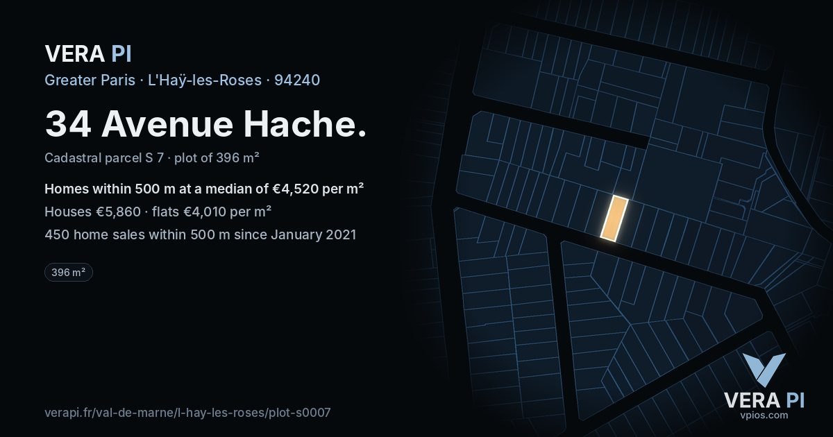 34 Avenue Hache, L'Haÿ-les-Roses at night – the plot lit, the parcels around coloured by the prices near them