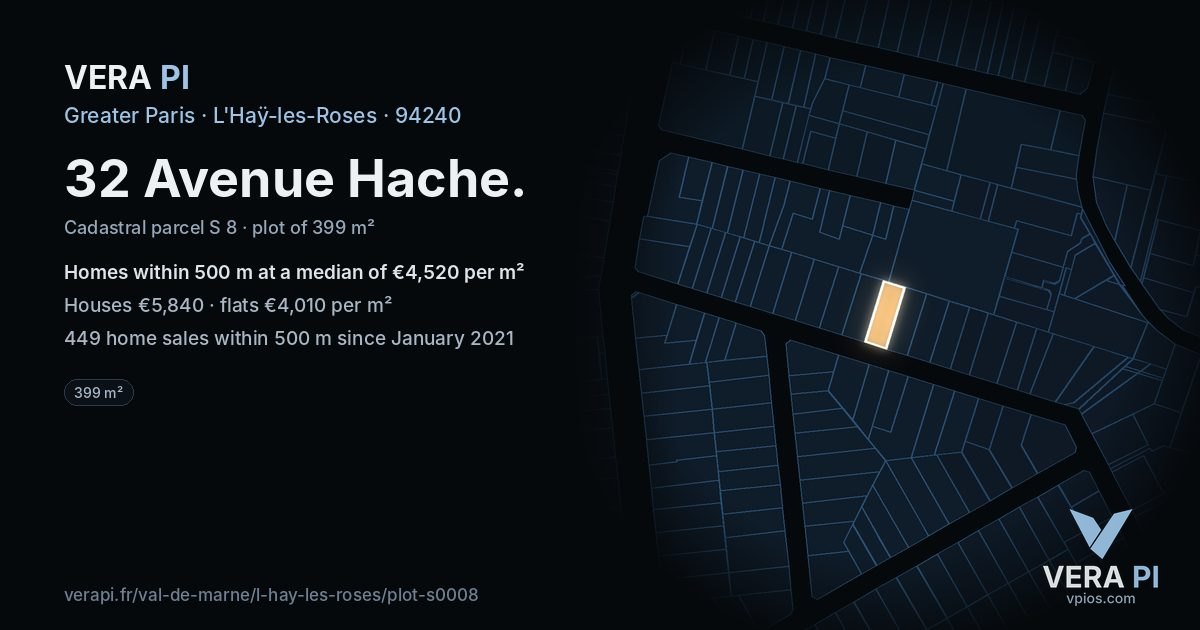 32 Avenue Hache, L'Haÿ-les-Roses at night – the plot lit, the parcels around coloured by the prices near them