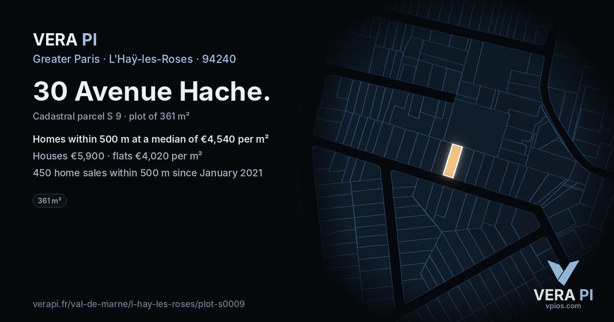 30 Avenue Hache, L'Haÿ-les-Roses at night – the plot lit, the parcels around coloured by the prices near them