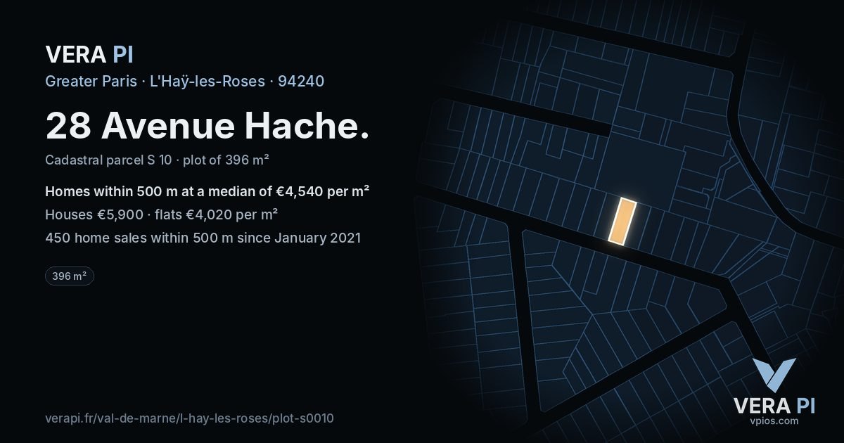 28 Avenue Hache, L'Haÿ-les-Roses at night – the plot lit, the parcels around coloured by the prices near them