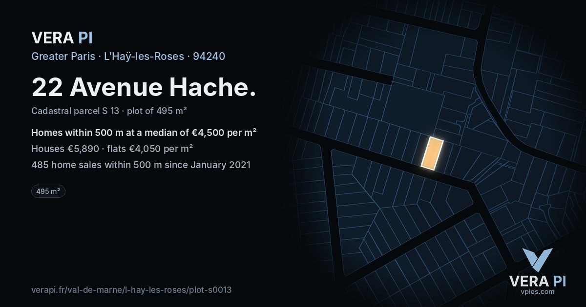 22 Avenue Hache, L'Haÿ-les-Roses at night – the plot lit, the parcels around coloured by the prices near them