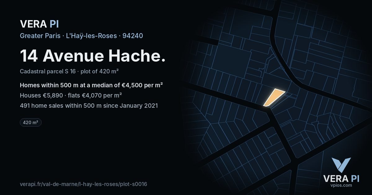 14 Avenue Hache, L'Haÿ-les-Roses at night – the plot lit, the parcels around coloured by the prices near them