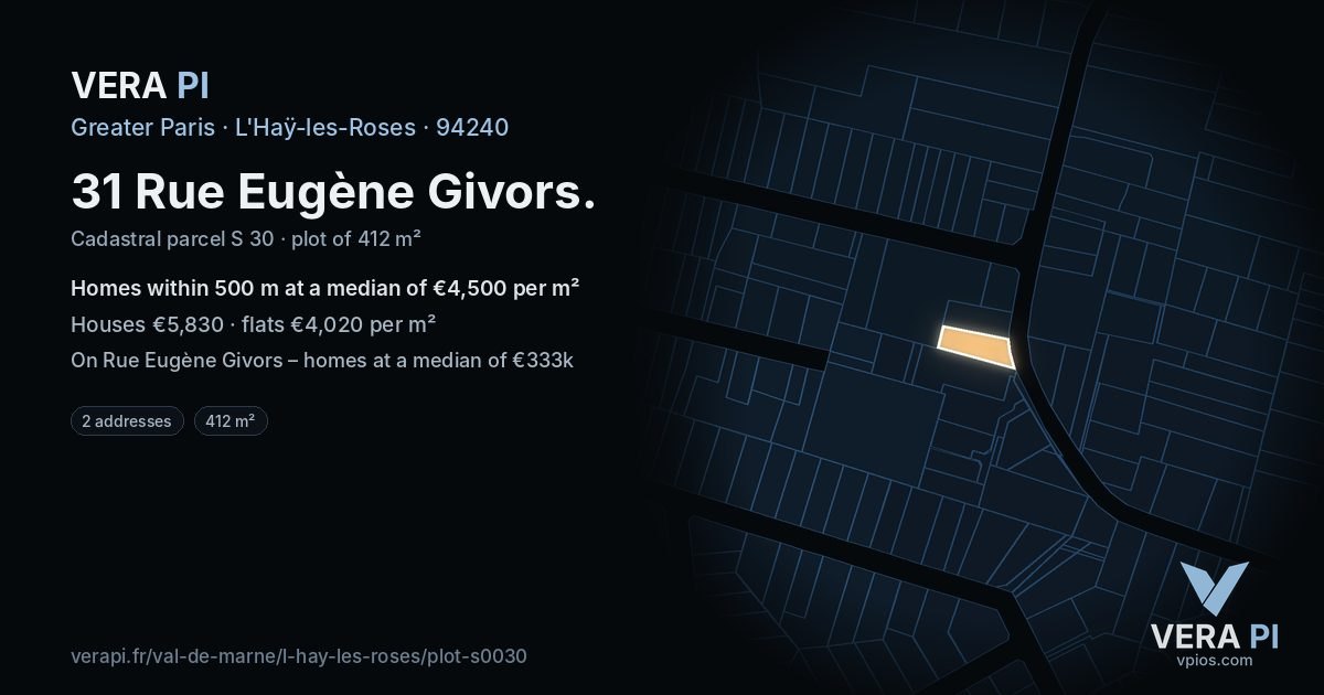 31 Rue Eugène Givors, L'Haÿ-les-Roses at night – the plot lit, the parcels around coloured by the prices near them