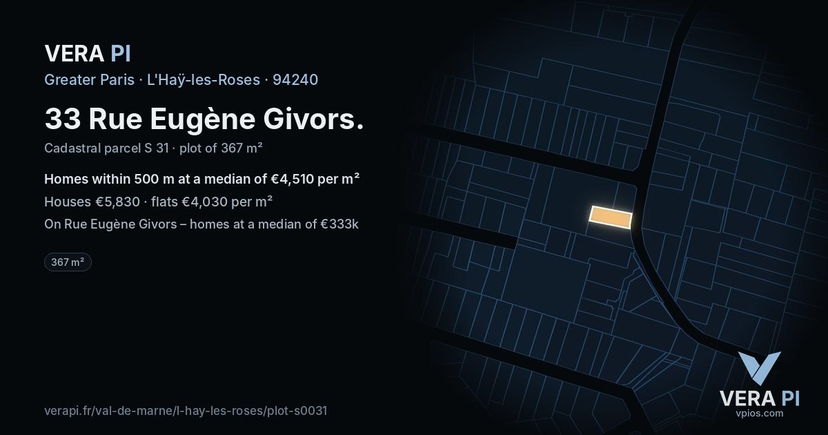 33 Rue Eugène Givors, L'Haÿ-les-Roses at night – the plot lit, the parcels around coloured by the prices near them