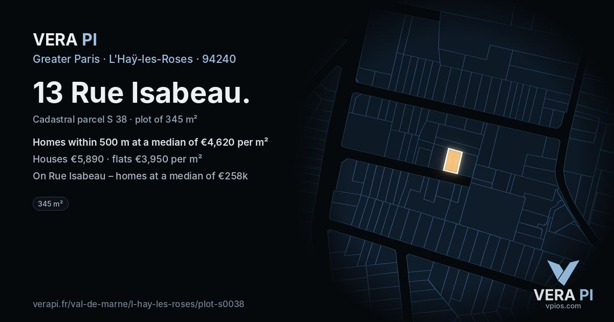 13 Rue Isabeau, L'Haÿ-les-Roses at night – the plot lit, the parcels around coloured by the prices near them