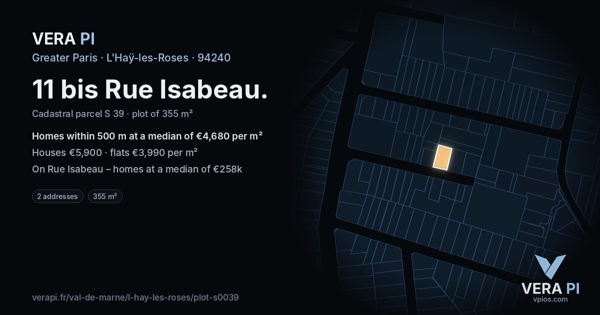 11 bis Rue Isabeau, L'Haÿ-les-Roses at night – the plot lit, the parcels around coloured by the prices near them