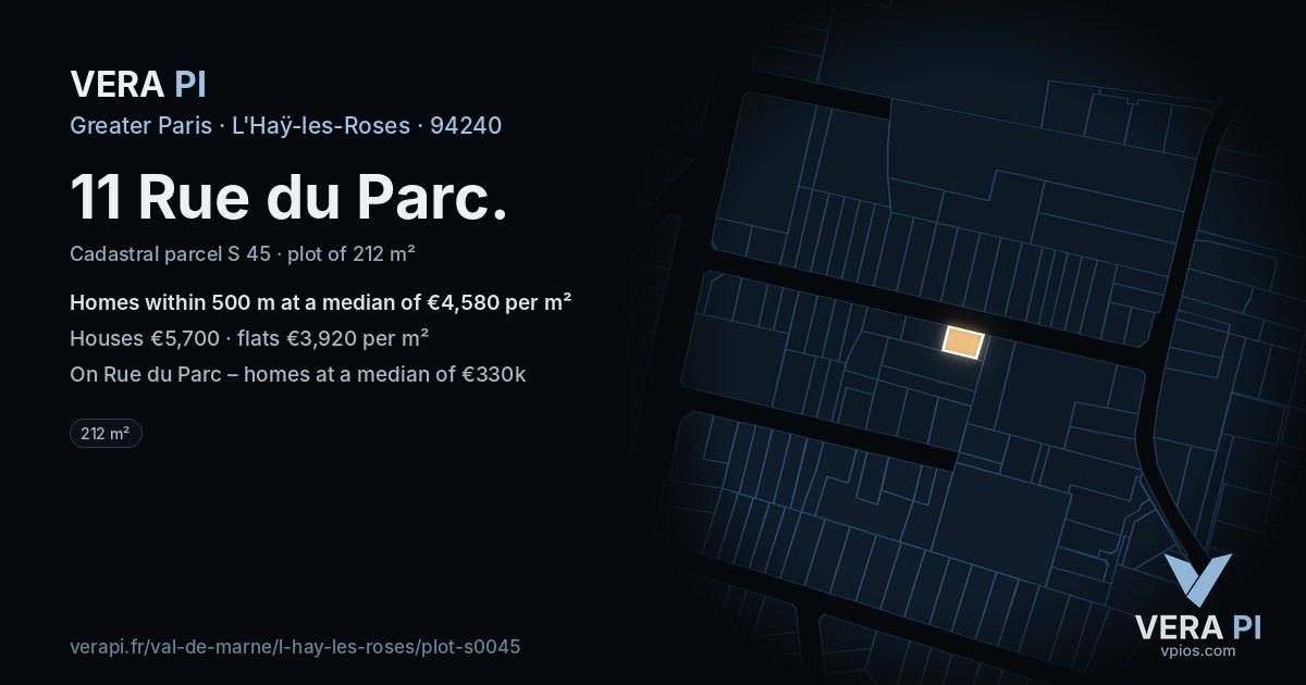 11 Rue du Parc, L'Haÿ-les-Roses at night – the plot lit, the parcels around coloured by the prices near them