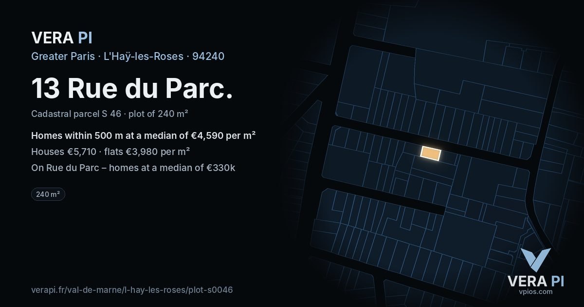 13 Rue du Parc, L'Haÿ-les-Roses at night – the plot lit, the parcels around coloured by the prices near them