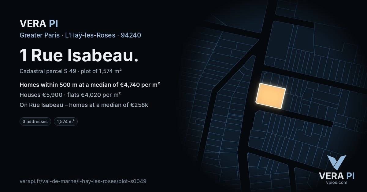 1 Rue Isabeau, L'Haÿ-les-Roses at night – the plot lit, the parcels around coloured by the prices near them