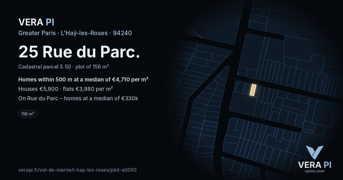 25 Rue du Parc, L'Haÿ-les-Roses at night – the plot lit, the parcels around coloured by the prices near them