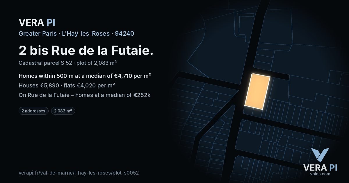 2 bis Rue de la Futaie, L'Haÿ-les-Roses at night – the plot lit, the parcels around coloured by the prices near them