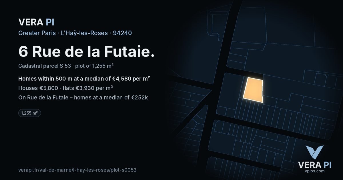 6 Rue de la Futaie, L'Haÿ-les-Roses at night – the plot lit, the parcels around coloured by the prices near them