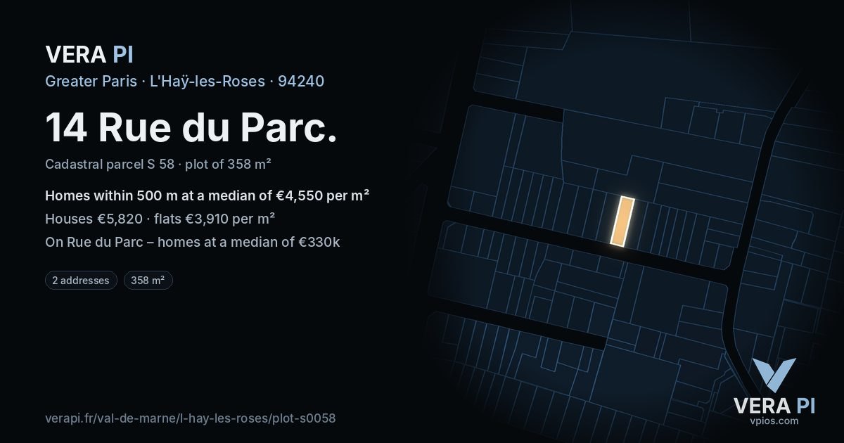 14 Rue du Parc, L'Haÿ-les-Roses at night – the plot lit, the parcels around coloured by the prices near them