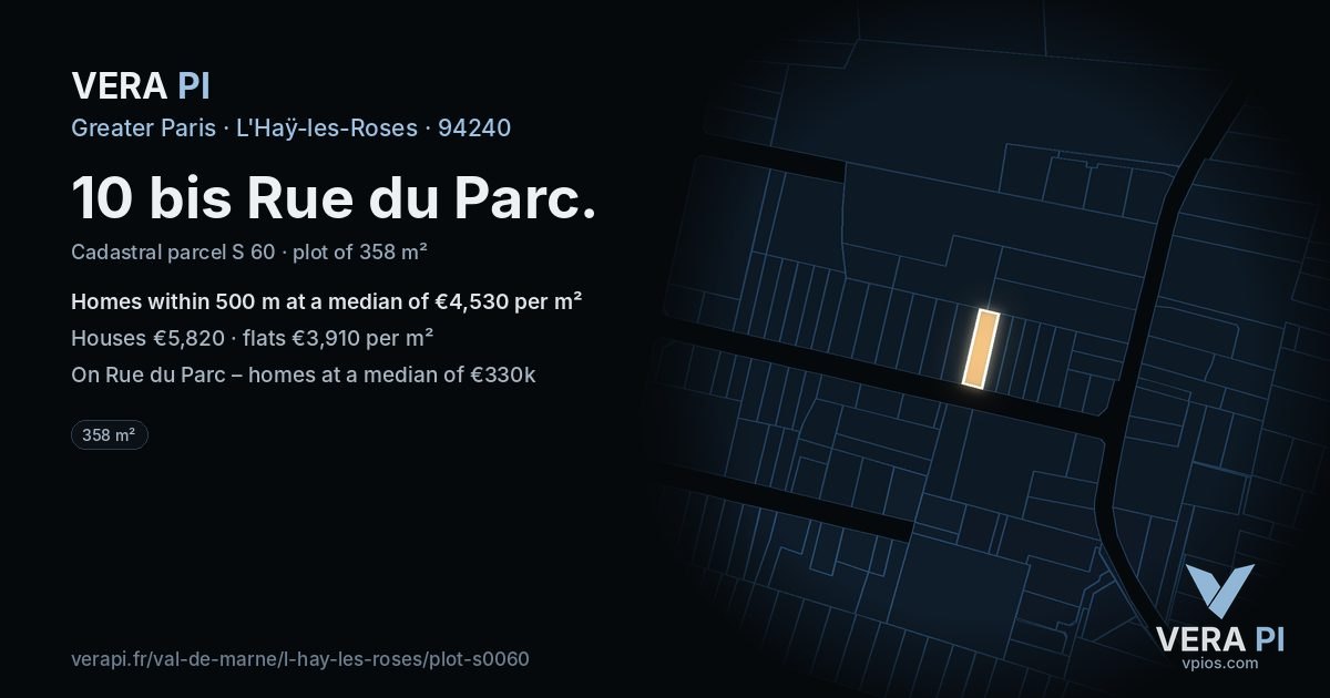 10 bis Rue du Parc, L'Haÿ-les-Roses at night – the plot lit, the parcels around coloured by the prices near them