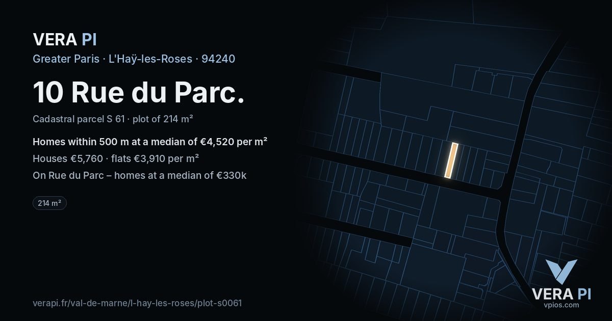 10 Rue du Parc, L'Haÿ-les-Roses at night – the plot lit, the parcels around coloured by the prices near them