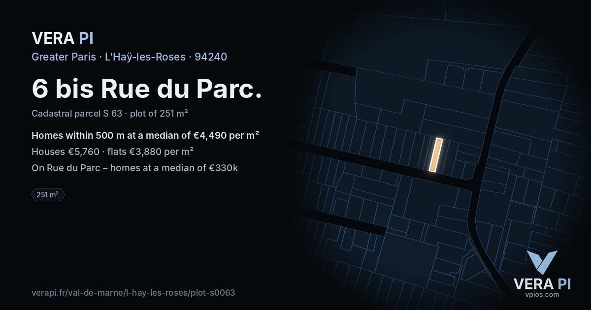 6 bis Rue du Parc, L'Haÿ-les-Roses at night – the plot lit, the parcels around coloured by the prices near them