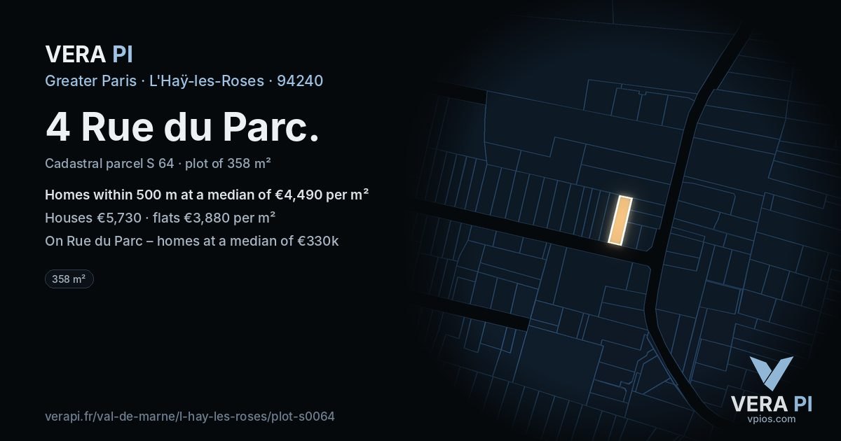 4 Rue du Parc, L'Haÿ-les-Roses at night – the plot lit, the parcels around coloured by the prices near them