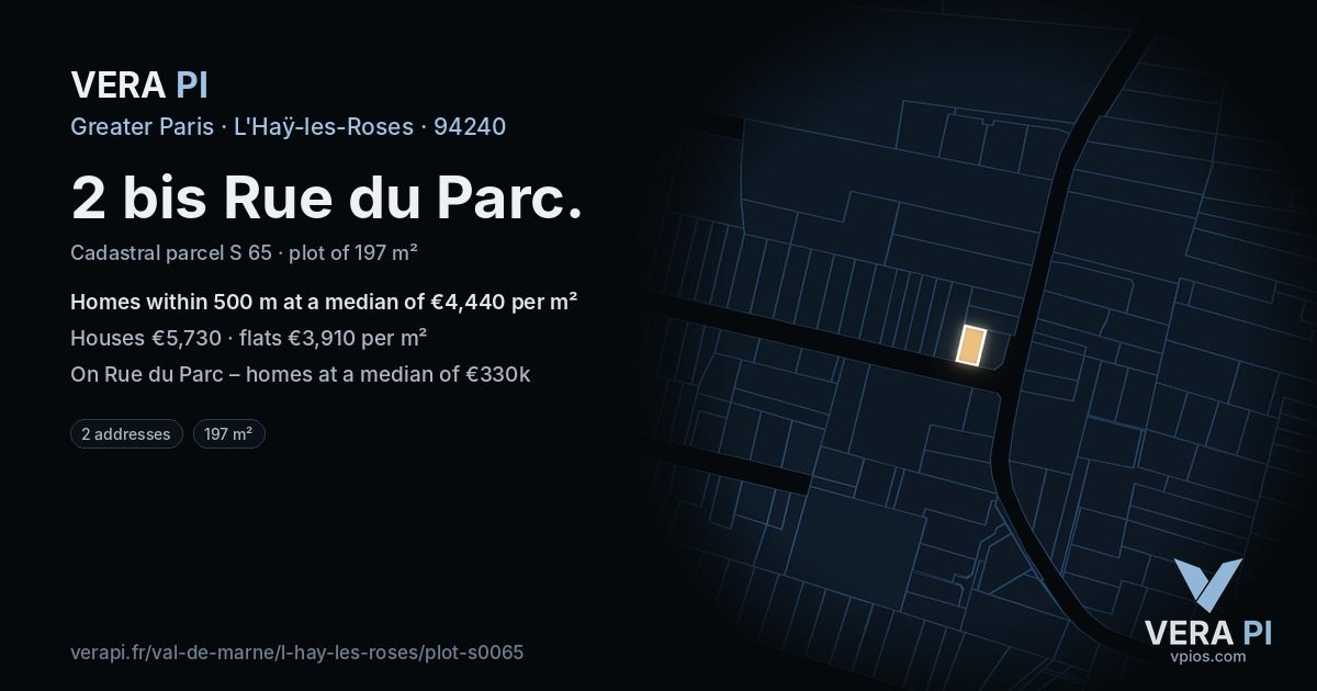 2 bis Rue du Parc, L'Haÿ-les-Roses at night – the plot lit, the parcels around coloured by the prices near them